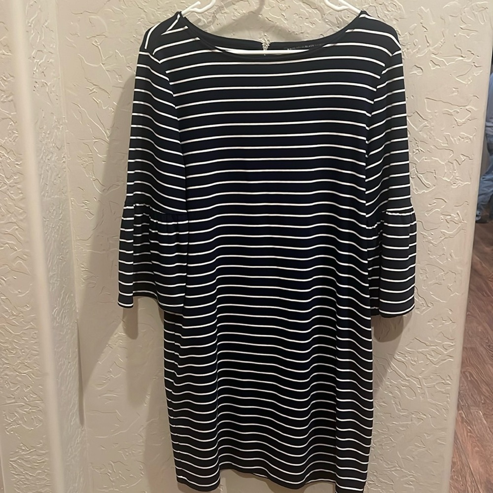 Navy white stripe dress. Bell sleeve. Back zip. Large